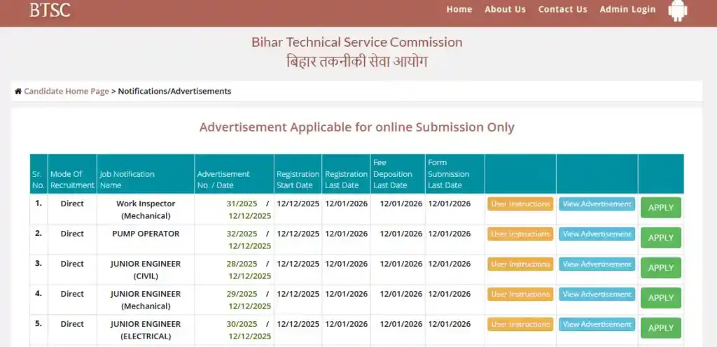new website apply option for BTSC Work Inspector (Mechanical) Recruitment 2025
