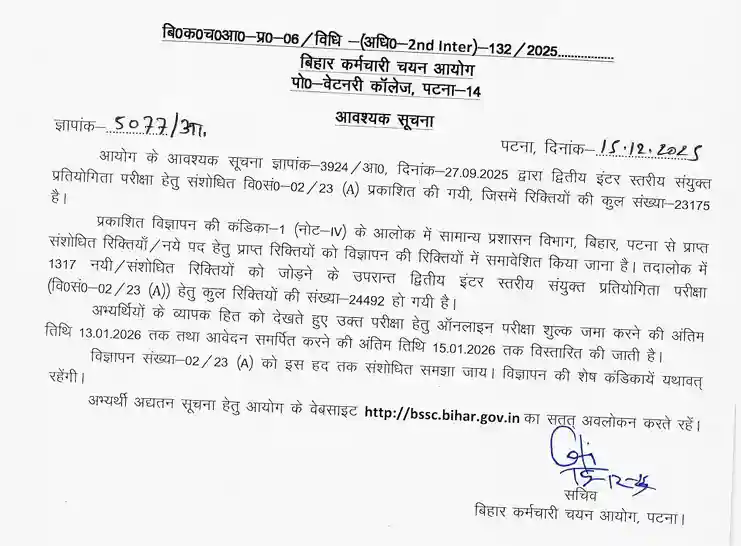 Date extended notice image for Bihar SSC Inter Level Vacancy 2025