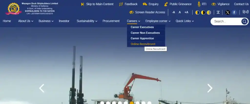Mazagon Dock Apprentices Recruitment 2025 hoempage of MDS website for Mazagon Dock Apprentices Recruitment 2025