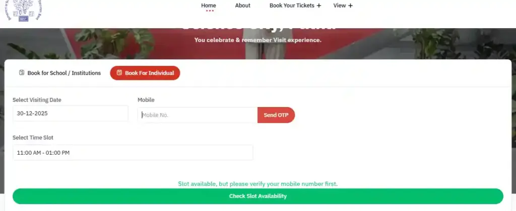 Slot available, but please verify your mobile number first for Dr. APJ Abdul Kalam Science City E-Booking Start 2026