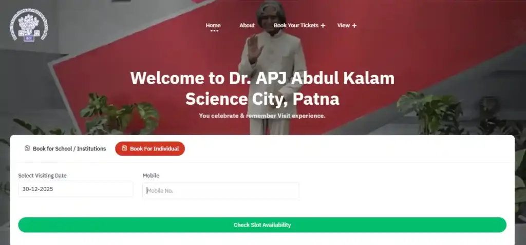 Dr. APJ Abdul Kalam Science City, Patna website hoempage for Dr. APJ Abdul Kalam Science City E-Booking Start 2026
