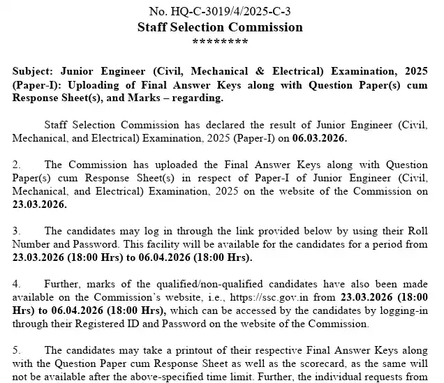 Notification image of SSC JE Answer Key 2025