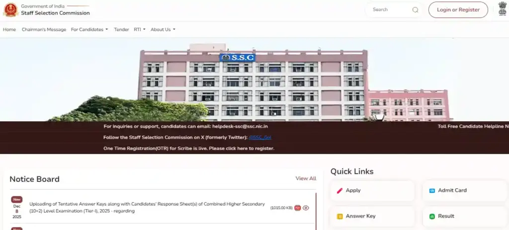 SSC SSC website hoem page for SSC CHSL Tier-I Answer Key 2025