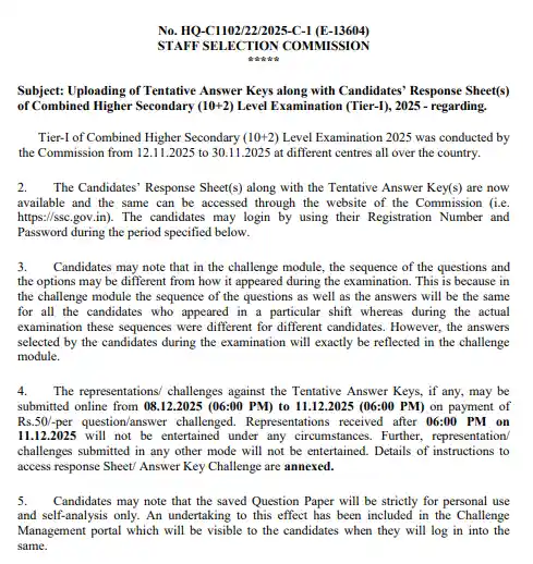 SSC official Notification out for SSC CHSL Tier-I Answer Key 2025