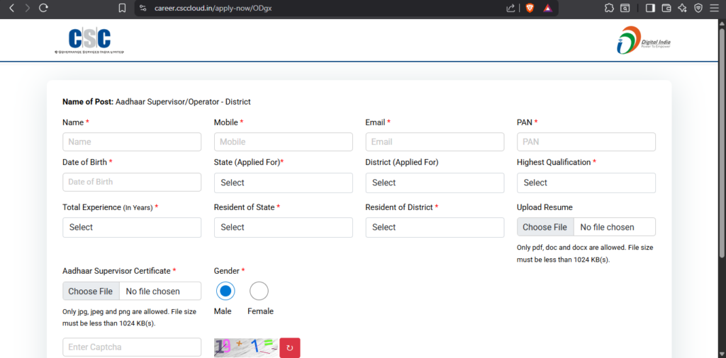 CSC Aadhaar Operator CSC Aadhaar Operator & Supervisor Vacancy 2026