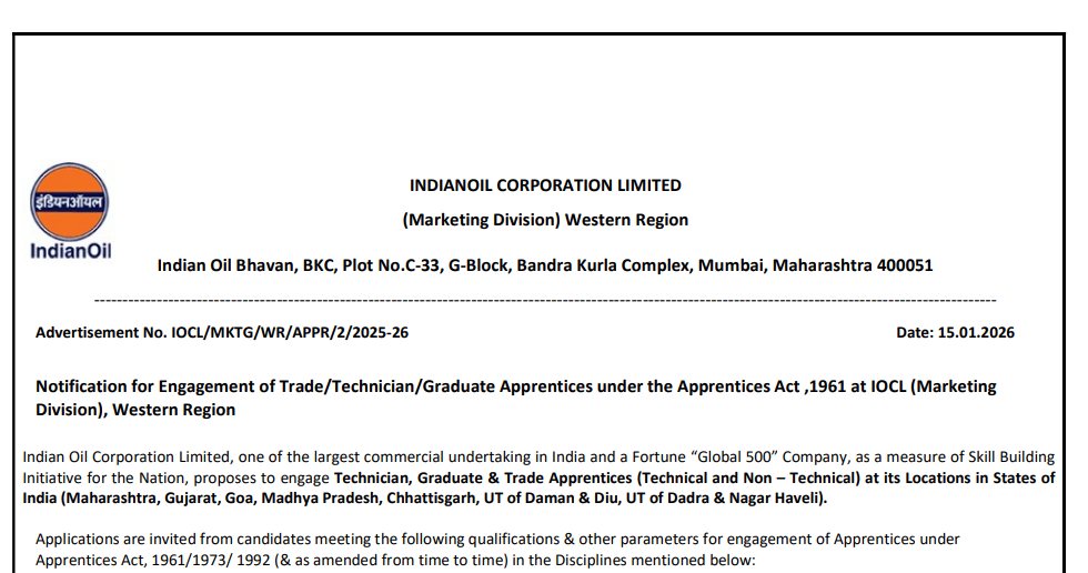 IOCL Western Region Apprentice Recruitment 2026: Notification Details