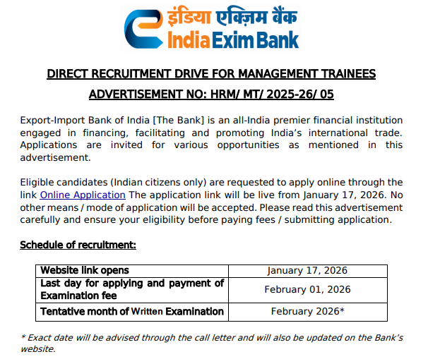 CSIR CLRI Recruitment 2026 Exim Bank Management Trainee Recruitment 2026