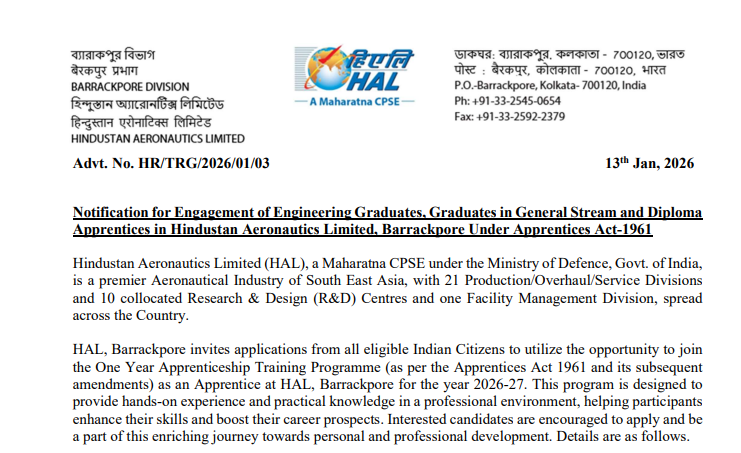 HAL Graduate & Diploma Apprentice Vacancy 2026