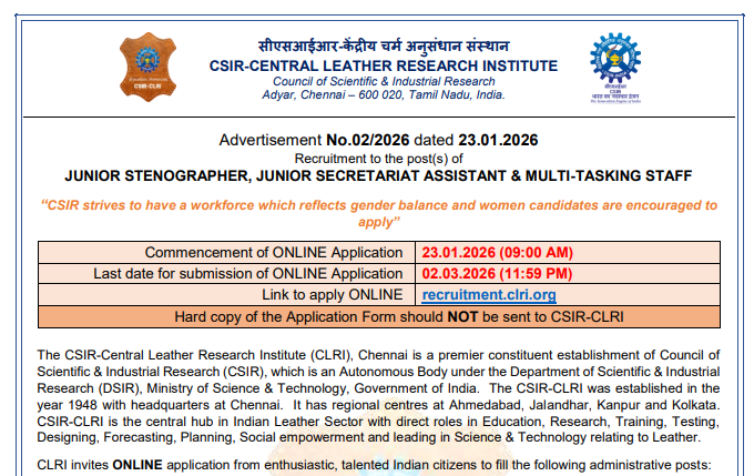 CSIR CLRI Multi-Tasking Staff, Junior Stenographer and Junior Secretariat Assistant Recruitment 2026