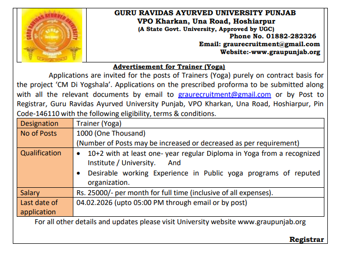 GRAU Punjab Yoga Trainer Recruitment 2026: Overview