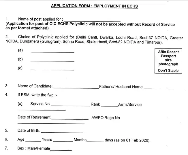 Application form image for ECHS Recruitment 2026