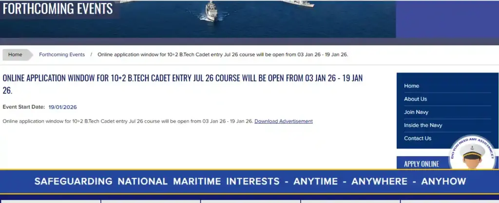 Registration and apply option for Indian Navy 10+2 (B.Tech) Recruitment 2026