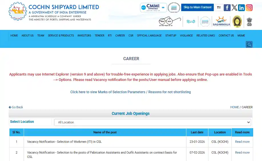 Vacancy notice for Cochin Shipyard CSL Workman Recruitment 2026