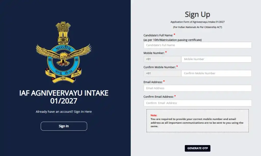 Registration form for Air Force Agniveervayu Recruitment 2026