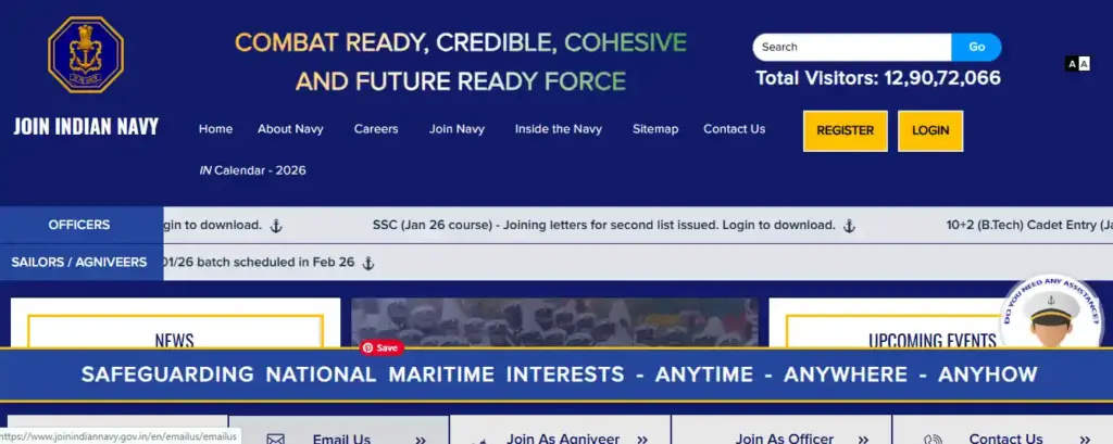 Indian Navy Website homepage for Indian Navy 10+2 (B.Tech) Recruitment 2026