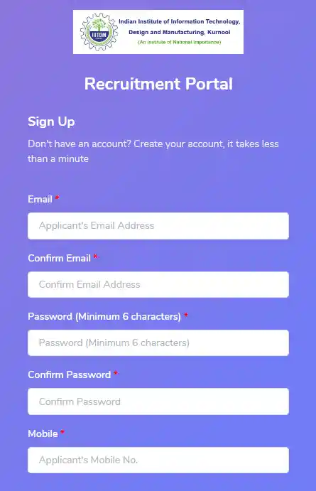 SignUp Form For IIITDM Kurnool Non Teaching Recruitment 2026