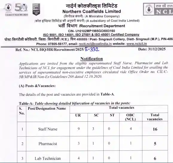 official notification of NCL Medical Recruitment 2026