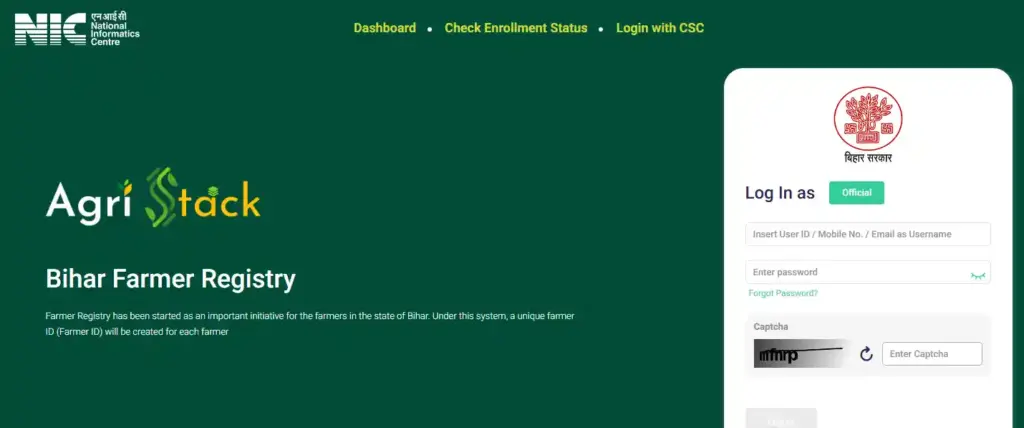 Home page of BHFR Agristack for Bihar Farmer ID Registration 2026