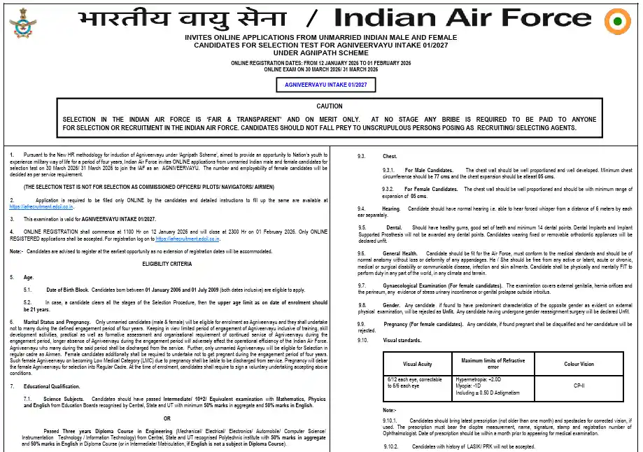 Official Notification image of Air Force Agniveervayu Recruitment 2026