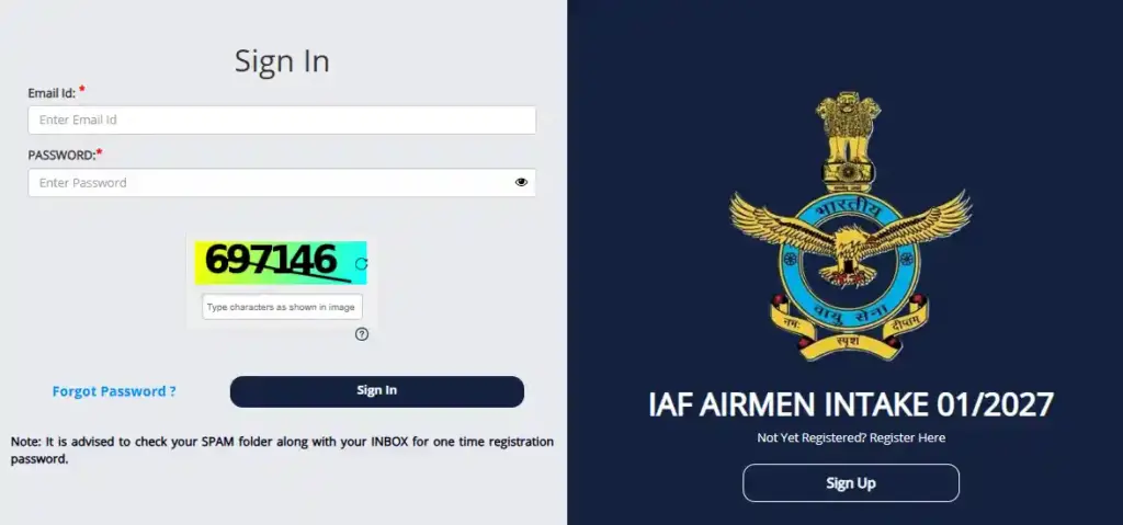 Sign up option for register of Indian Air Force Airmen (Medical Assistant) Recruitment 2026