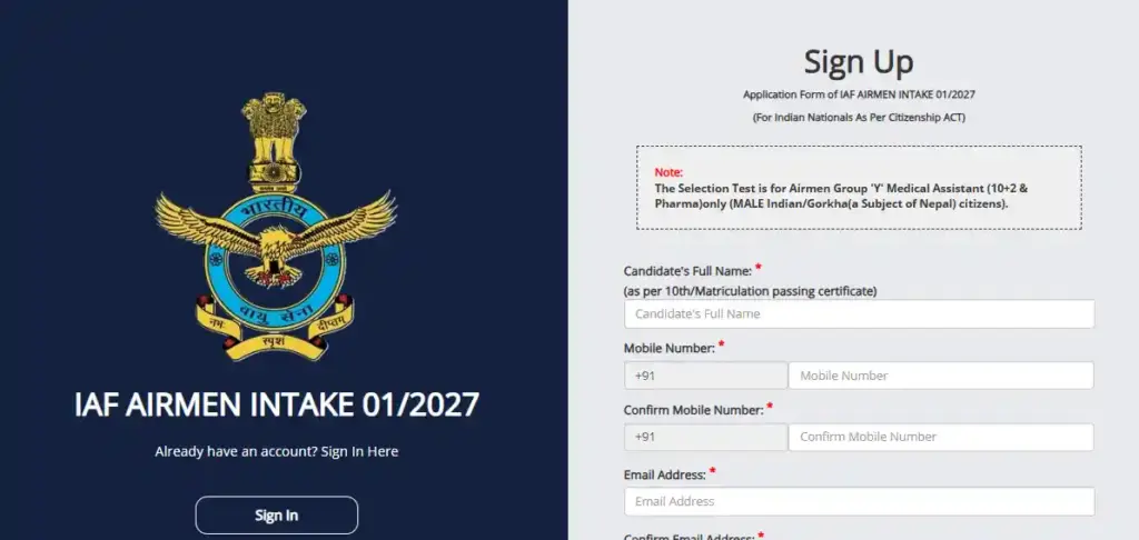 Registration form image fo rIndian Air Force Airmen (Medical Assistant) Recruitment 2026
