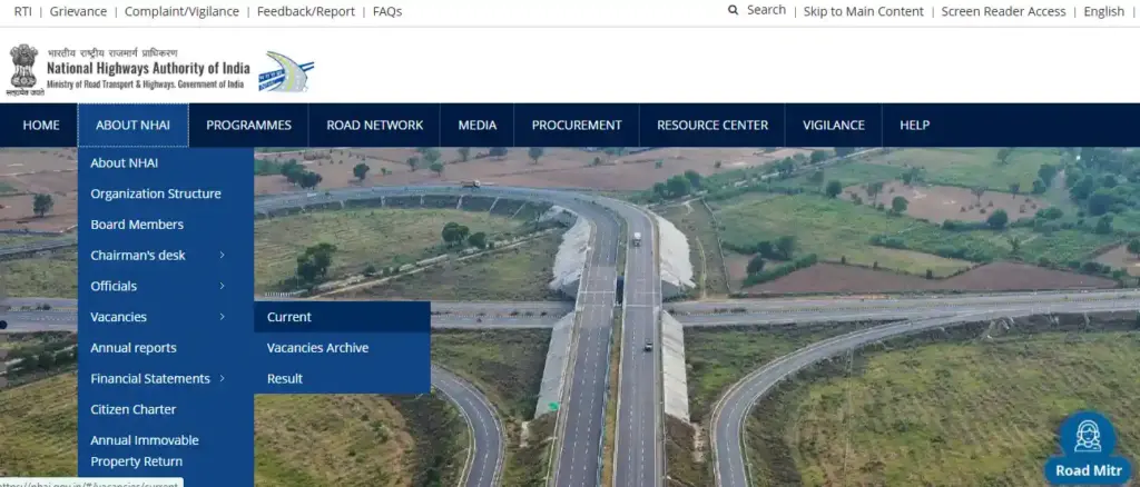 NHAI Deputy Manager Recruitment 2026 NHAI Website homepage for NHAI Deputy Manager Recruitment 2026