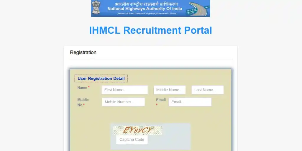 NHAI Deputy Manager Recruitment 2026 Registration form for NHAI Deputy Manager Recruitment 2026