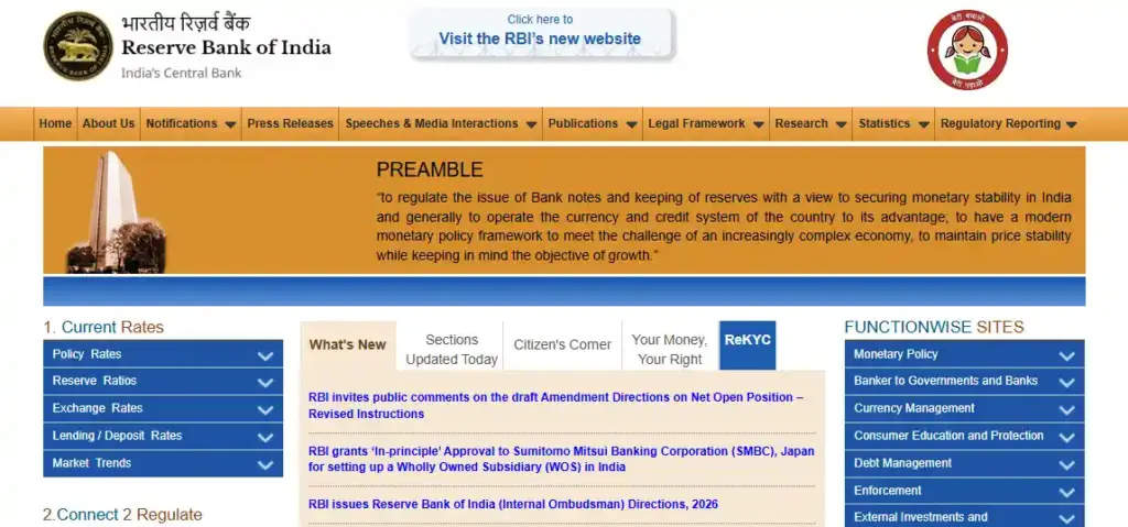 Home page of rbi official website for RBI Office Attendant Recruitment 2026