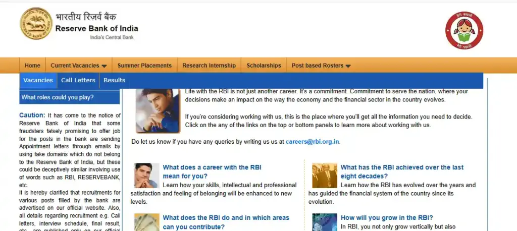 RBI Opportunities website home page for RBI Office Attendant Recruitment 2026