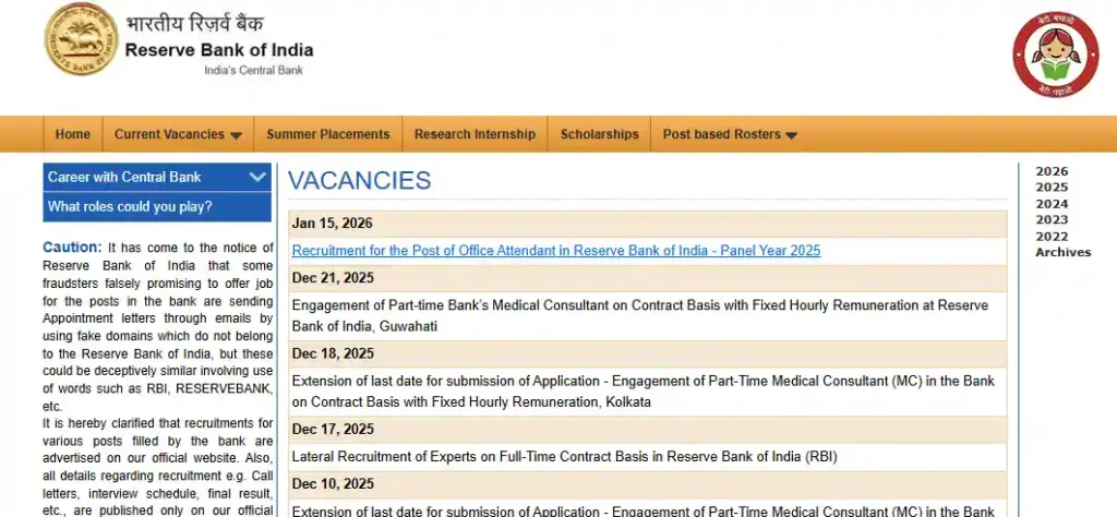 Vacancy link for RBI Office Attendant Recruitment 2026