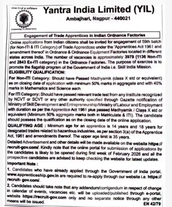 Official Short Notice image of Yantra India Apprentices Recruitment 2026