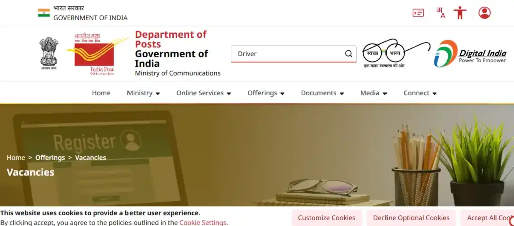 Bihar Post Matric Scholarship 2025 Indian Post website homepage for India Post Driver Recruitment 2026