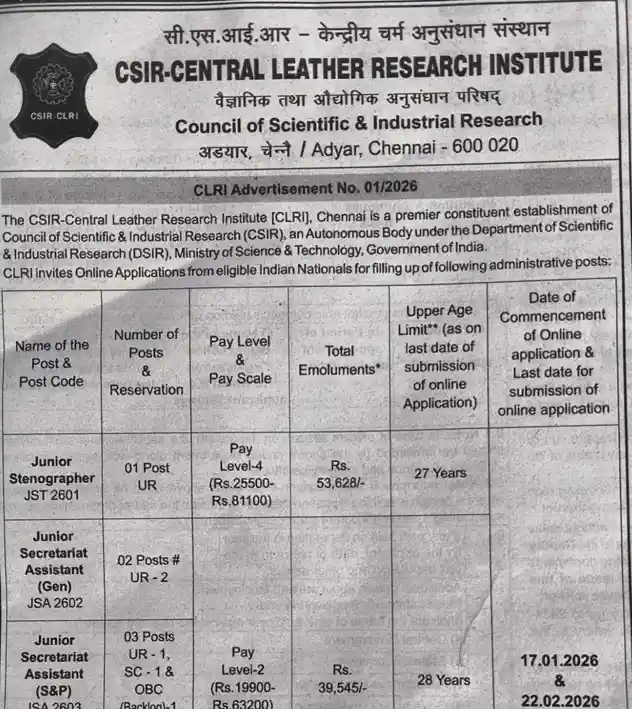 CSIR CLRI Recruitment 2026 Official Notification for CSIR CLRI Recruitment 2026