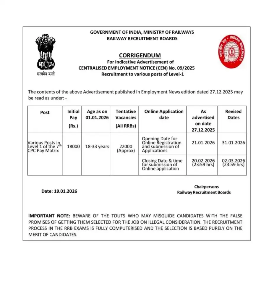 Notice for RRB Group D Recruitment 2026