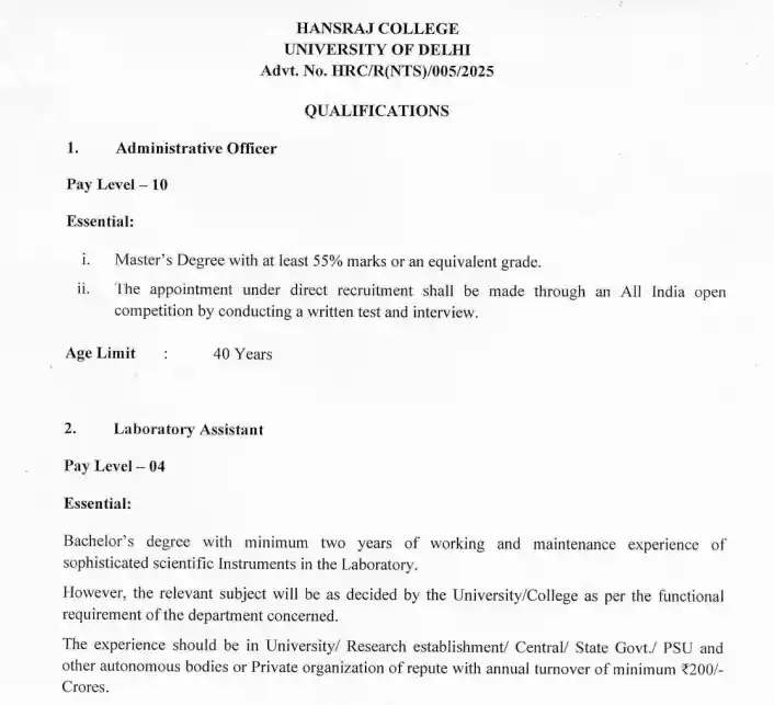 QUALIFICATIONS Details notification for Hans Raj College Delhi University Non Teaching Recruitment 2026