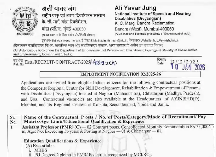 Kisan Vikas Patra 2026 Official notification image of AYJNISHD Recruitment 2026