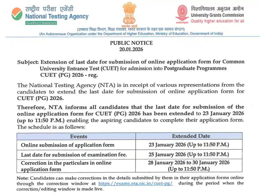CUET PG Date Extended Notice image of CUET PG Admission 2026