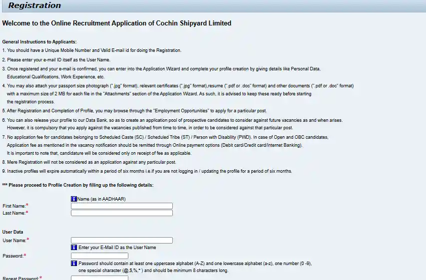 Registration form for Cochin Shipyard CSL Workman Recruitment 2026