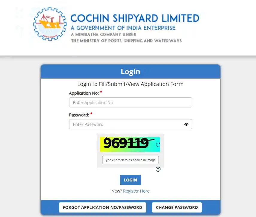 Cochin Shipyard CSL Workman Recruitment 2026 Login form page for Cochin Shipyard CSL Workman Recruitment 2026