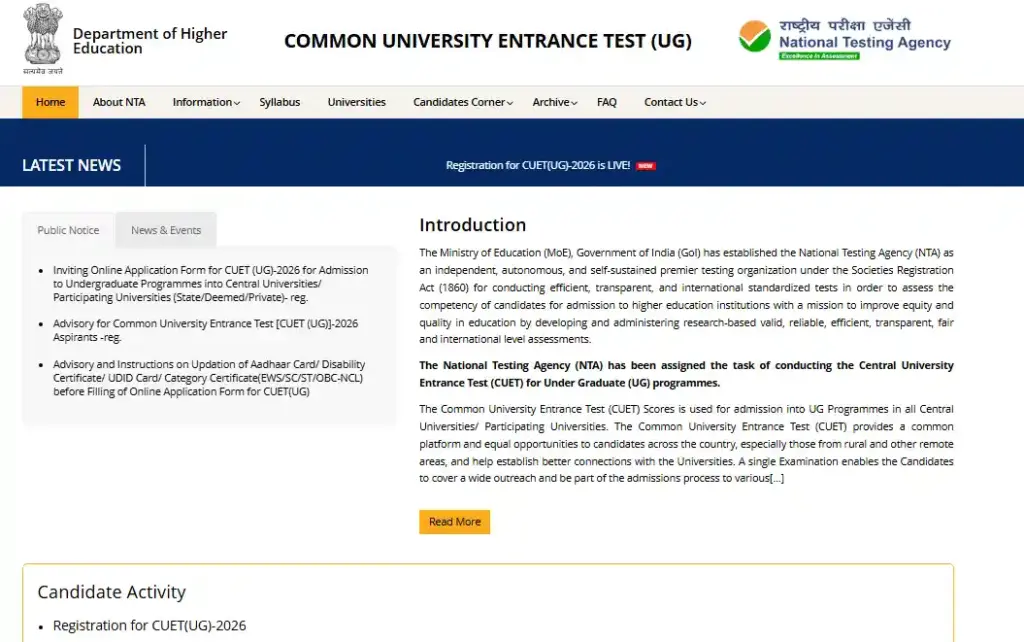 CUET UG Admission 2026 CUET UG apply option for CUET UG Admission 2026