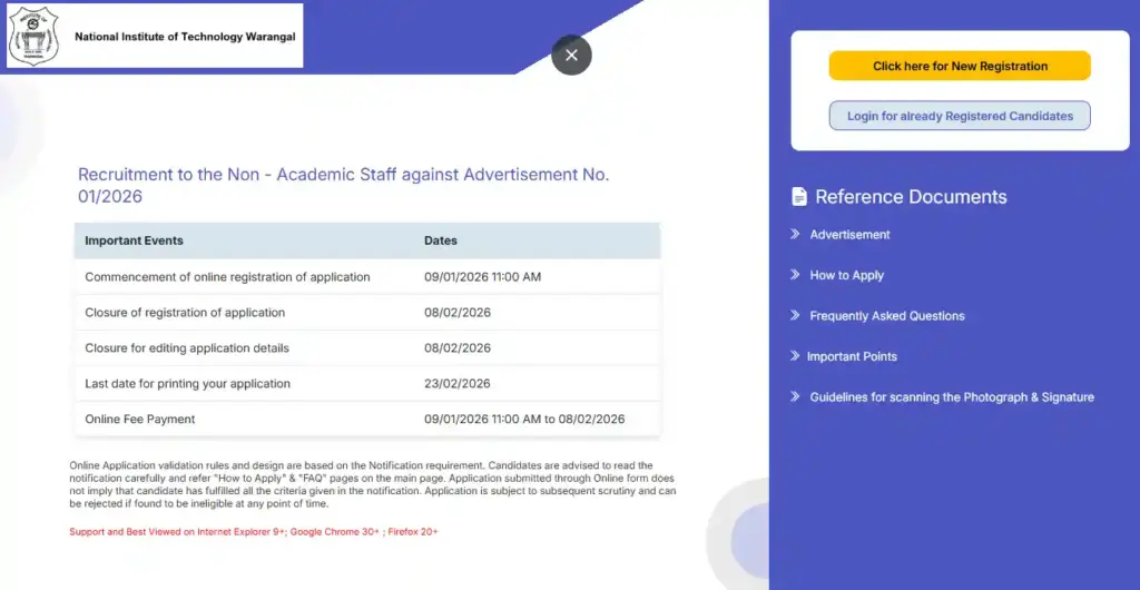 NIT Warangal Recruitment 2026 Registration and Login form for NIT Warangal Recruitment 2026
