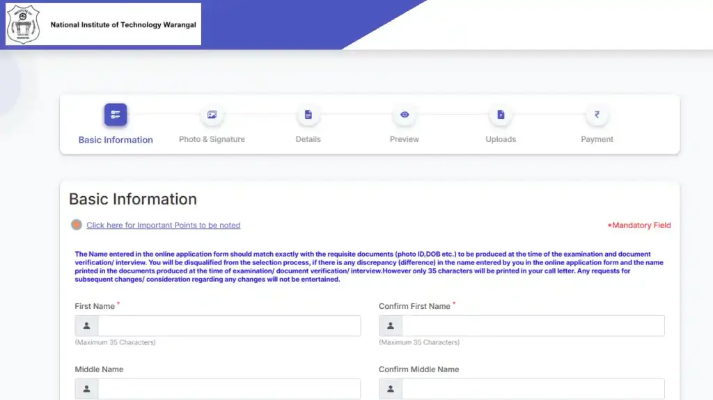 NIT Warangal Recruitment 2026 Registration form for NIT Warangal Recruitment 2026