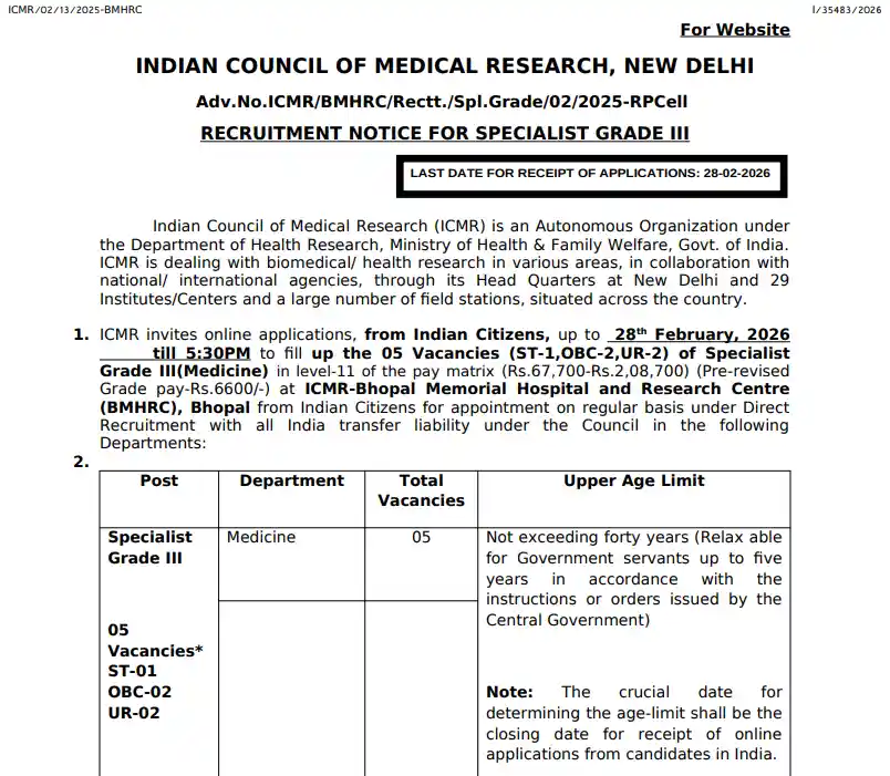 Official Notification image of ICMR Specialist Grade III Recruitment 2026