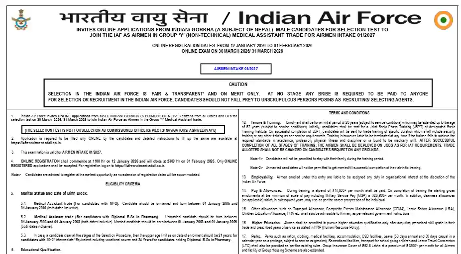 Notification image of Indian Air Force Airmen (Medical Assistant) Recruitment 2026