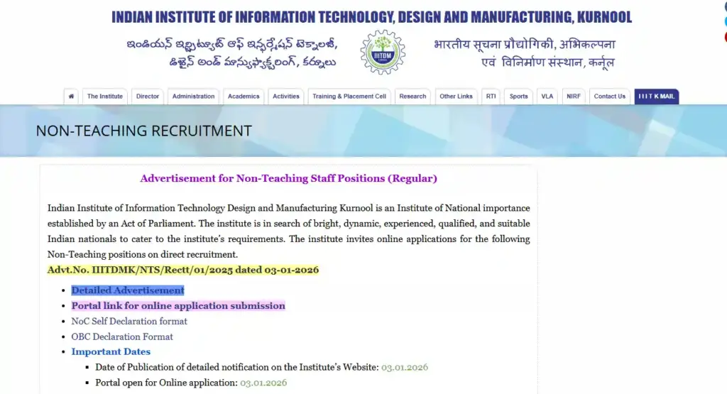 Apply Option for IIITDM Kurnool Non Teaching Recruitment 2026