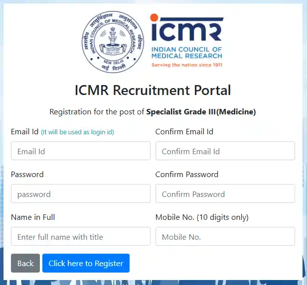 registration form for ICMR Specialist Grade III Recruitment 2026
