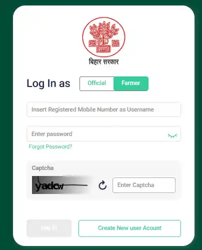 Create New Account option for Bihar Farmer ID Registration 2026