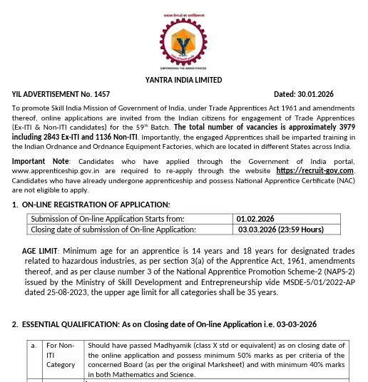 Official Short Notice image of Yantra India Apprentices Recruitment 2026