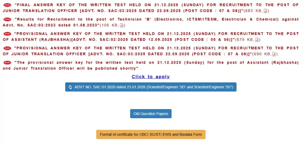 RRB Group D Recruitment 2026 Careers page for ISRO SAC Scientist/ Engineer Recruitment 2026