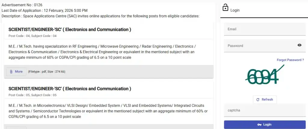 RRB Group D Recruitment 2026 Login page for ISRO SAC Scientist/ Engineer Recruitment 2026
